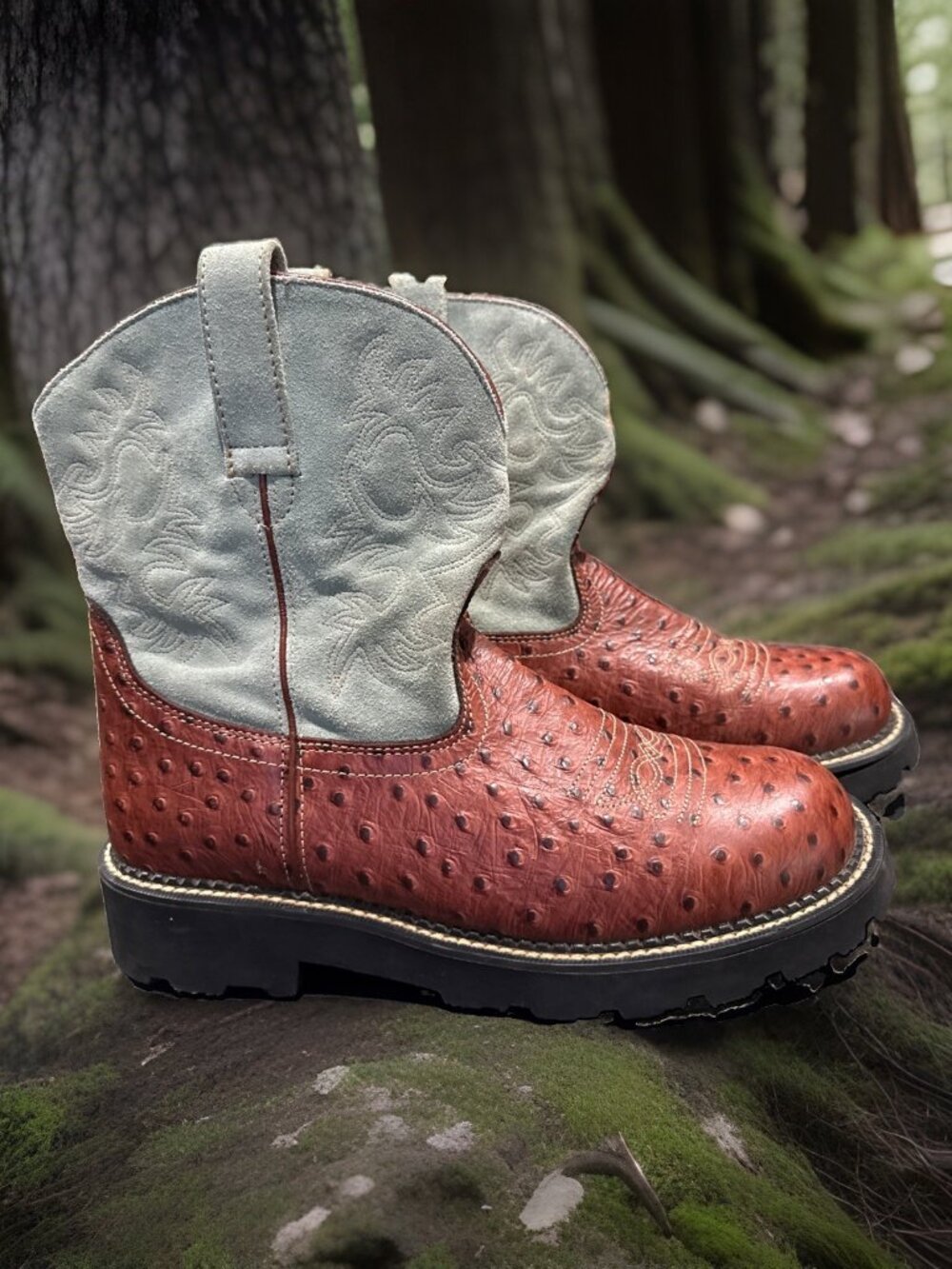 Ariat Fat Baby Brown/Mint Green Cowboy Boots Ostrich Women's 16770 Size 11B